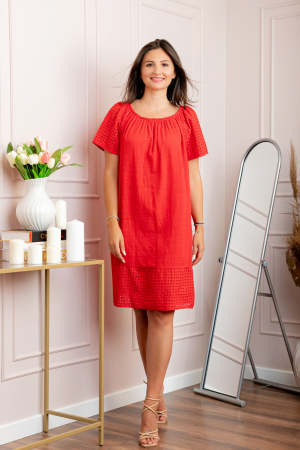 Rochie dama rosie din bumbac Sandy cu perforatii [3]