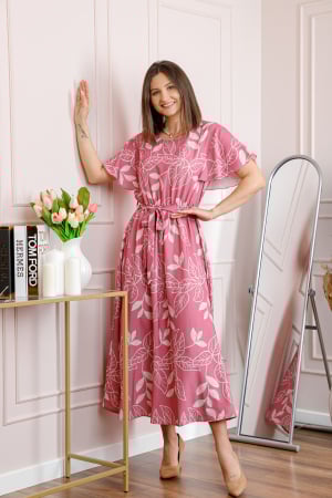 Rochii - Rochie dama roz Artemis cu imprimeu floral si cordon in talie