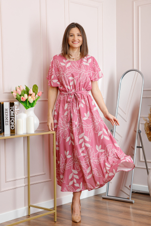 Rochie dama roz Artemis cu imprimeu floral si cordon in talie [2]