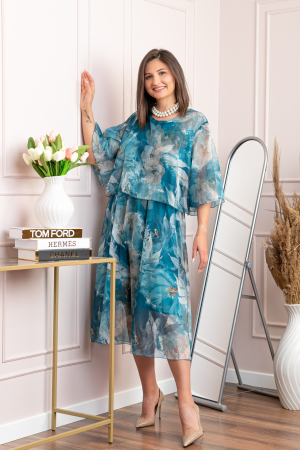 Rochie dama Theresa din voal cu imprimeu floral albastru petrol [2]