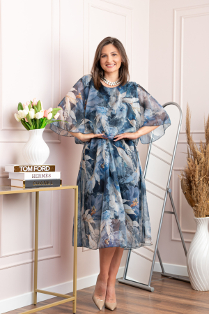 Rochii - Rochie dama Theresa din voal cu imprimeu floral bleumarin