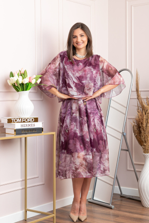 Rochii - Rochie dama Theresa din voal cu imprimeu floral mov pruna