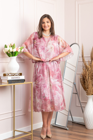 Rochii - Rochie dama Theresa din voal cu imprimeu floral roz pudrat