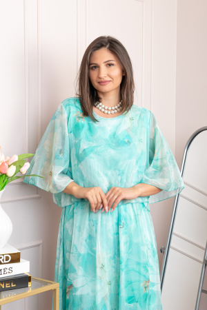 Rochie dama Theresa din voal cu imprimeu floral turcoaz aqua [1]
