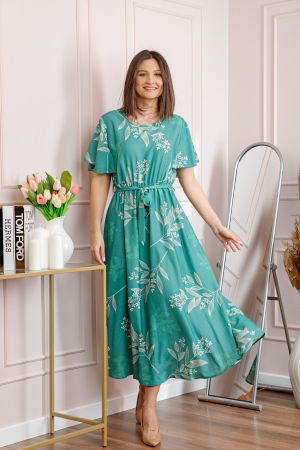 Rochie dama turcoaz Artemis cu imprimeu floral si cordon in talie [3]