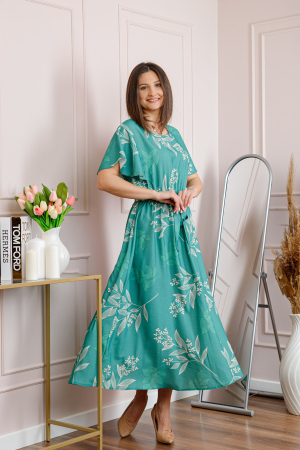 Rochie dama turcoaz Artemis cu imprimeu floral si cordon in talie [2]