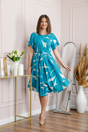 Rochii - Rochie dama turcoaz Avery cu imprimeu floral si cordon in talie