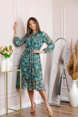 Rochii - Rochie dama verde Alessandra din voal cu imprimeu floral si cordon in talie