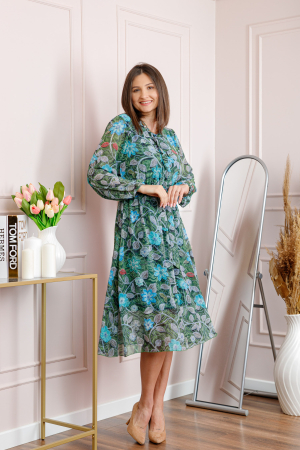 Rochie dama verde Alessandra din voal cu imprimeu floral si cordon in talie [3]