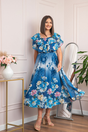 Rochie de ocazie Elle cu volane ample si imprimeuri florale - Albastru [4]