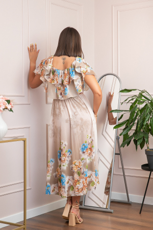 Rochie de ocazie Elle cu volane ample si imprimeuri florale - Crem [2]
