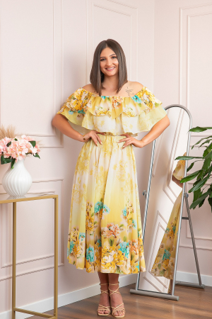 Rochie de ocazie Elle cu volane ample si imprimeuri florale - Galben [3]