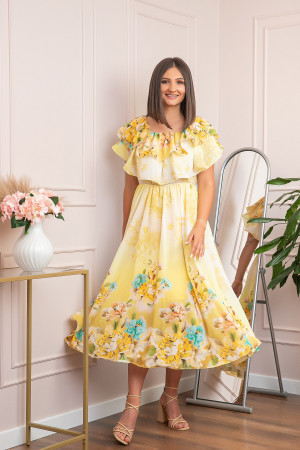 Rochie de ocazie Elle cu volane ample si imprimeuri florale - Galben [4]