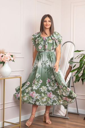 Rochie de ocazie Elle cu volane ample si imprimeuri florale - Kaki [4]