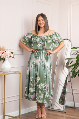 Rochie de ocazie Elle cu volane ample si imprimeuri florale - Kaki [3]