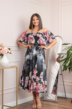 Rochie de ocazie Elle cu volane ample si imprimeuri florale - Negru [3]