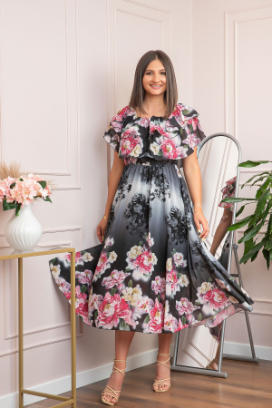 Rochie de ocazie Elle cu volane ample si imprimeuri florale - Negru [4]