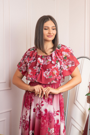 Rochie de ocazie Elle cu volane ample si imprimeuri florale - Rosu [1]