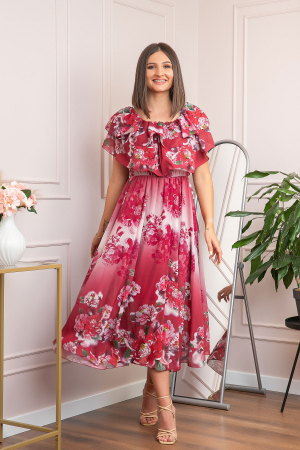 Rochii - Rochie de ocazie Elle cu volane ample si imprimeuri florale - Rosu