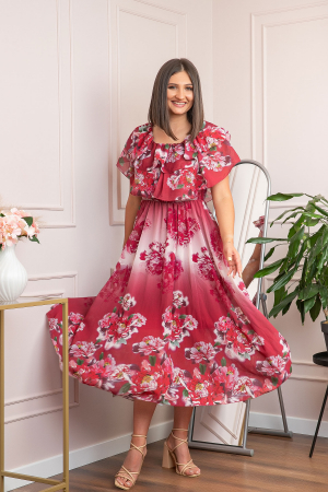 Rochie de ocazie Elle cu volane ample si imprimeuri florale - Rosu [4]