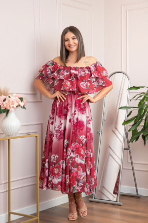 Rochie de ocazie Elle cu volane ample si imprimeuri florale - Rosu [3]
