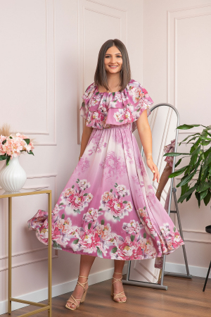 Rochie de ocazie Elle cu volane ample si imprimeuri florale - Roz [4]