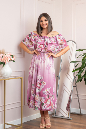 Rochie de ocazie Elle cu volane ample si imprimeuri florale - Roz [3]