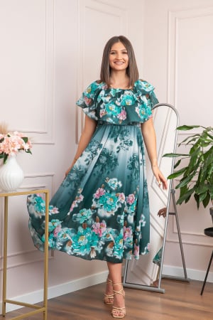 Rochii - Rochie de ocazie Elle cu volane ample si imprimeuri florale - Verde