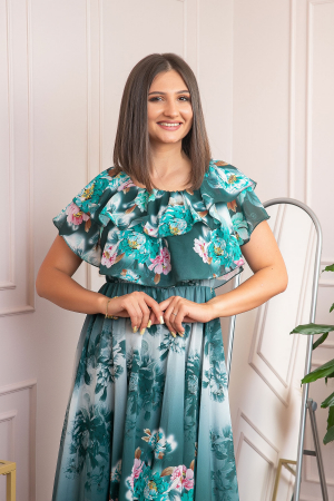 Rochie de ocazie Elle cu volane ample si imprimeuri florale - Verde [1]