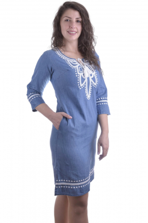 Rochie denim albastra cu motiv floral alb Claudia [1]