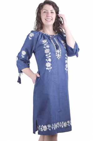 Rochie denim albastra cu motiv floral alb Romanita [1]