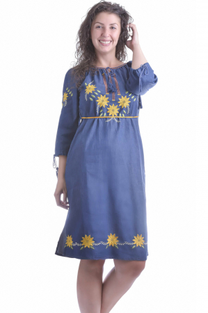 Rochie denim albastra cu motiv floral galben Flavia [3]