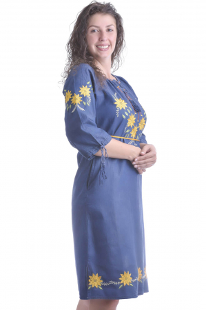 Rochie denim albastra cu motiv floral galben Flavia [1]