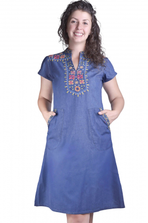 Rochie denim albastra cu motiv floral multicolor Dalia [3]