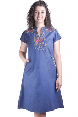 Rochie denim albastra cu motiv floral multicolor Dalia [0]