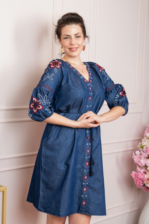 Rochie denim albastra cu motiv floral rosu Nicoleta [2]