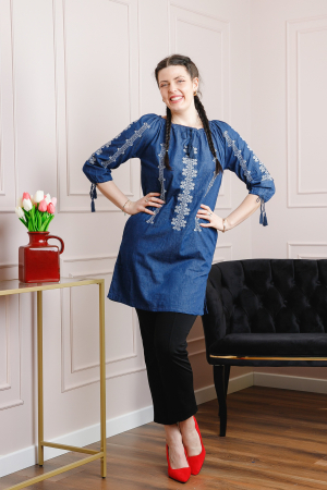 Rochie denim albastra cu motiv geometric alb Astrid [0]