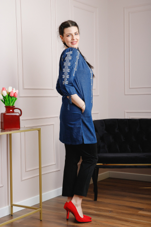 Rochie denim albastra cu motiv geometric alb Astrid [3]
