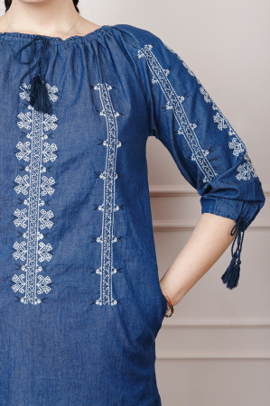 Rochie denim albastra cu motiv geometric alb Astrid [1]