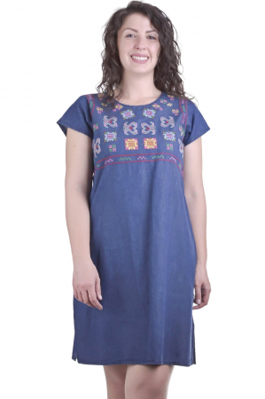 Rochie denim albastra cu motiv geometric multicolor Livia [0]
