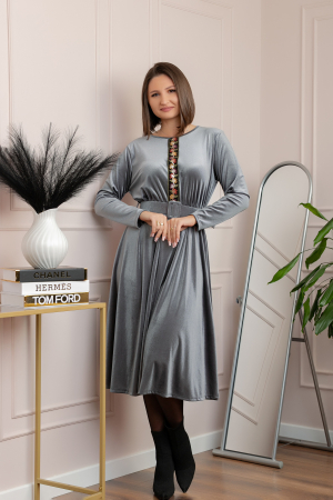 Rochie din catifea Layla cu centura in talie si detaliu boho-floral - Gri [2]