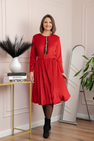 Rochie din catifea Layla cu centura in talie si detaliu boho-floral - Rosu [3]