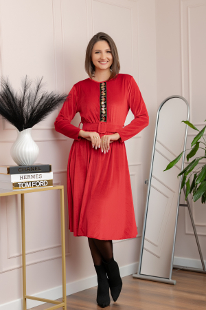 Rochie din catifea Layla cu centura in talie si detaliu boho-floral - Rosu [2]