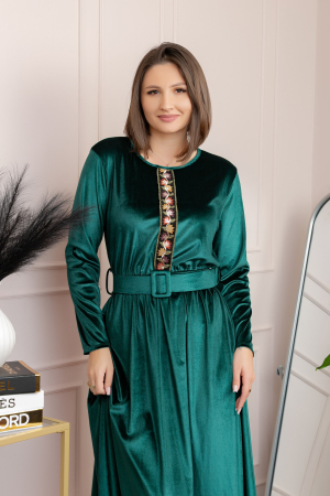 Rochie din catifea Layla cu centura in talie si detaliu boho-floral - Verde [1]
