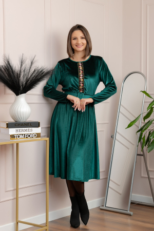Rochie din catifea Layla cu centura in talie si detaliu boho-floral - Verde [2]