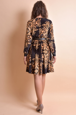 Rochie din catifea neagra cu imprimeu auriu mare si curea in talie [6]