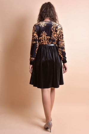 Rochie din catifea neagra cu imprimeu auriu si curea in talie [4]