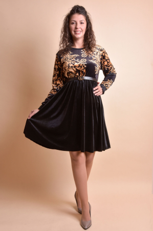 Rochii - Rochie din catifea neagra cu imprimeu auriu si curea in talie