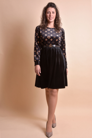 Rochii - Rochie din catifea neagra cu imprimeu crem si curea in talie