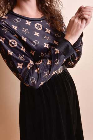 Rochie din catifea neagra cu imprimeu crem si curea in talie [3]